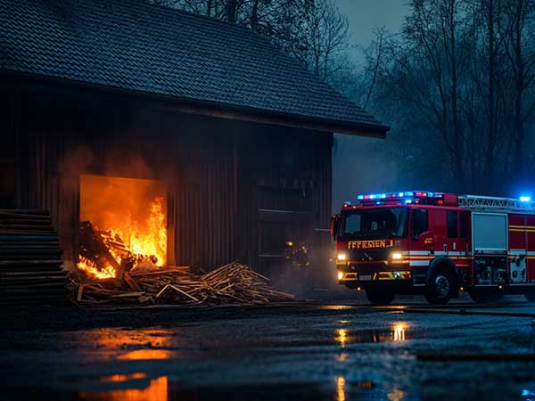 feuerloescher-kaufen,-warten,-entsorgen - Feuerwehrlöschfahrzeug im Einsatz vor brennender Scheune---Duehnfort_Brandschutz-06-600x450